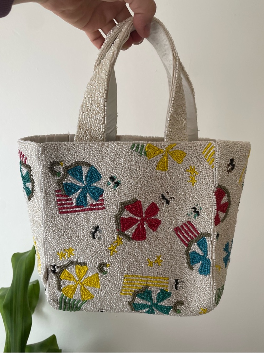 Handcrafted in India Viral Beaded Beach Scene Tote Handbag OS